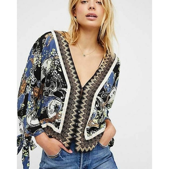 FREE PEOPLE | sz L Women's Catch Me if You Can Kimono Long Tie Sleeve Blouse - Picture 2 of 9